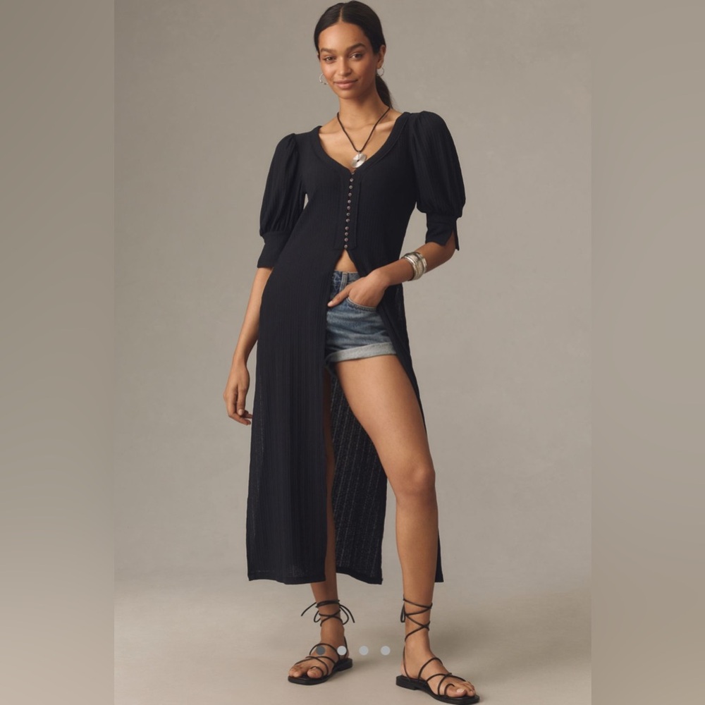 Anthropologie Sheer Ribbed Front Button Tunic